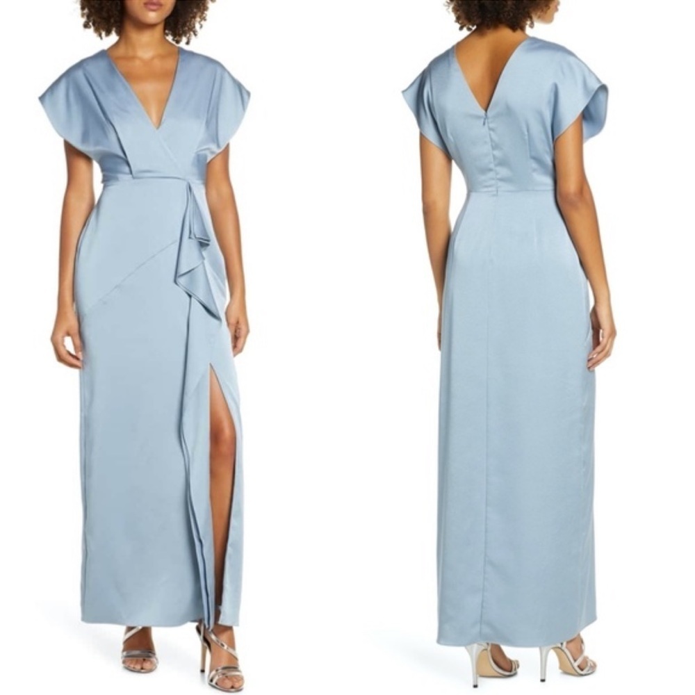 Harlyn Dusty Blue Ruffle Satin Maxi Dress